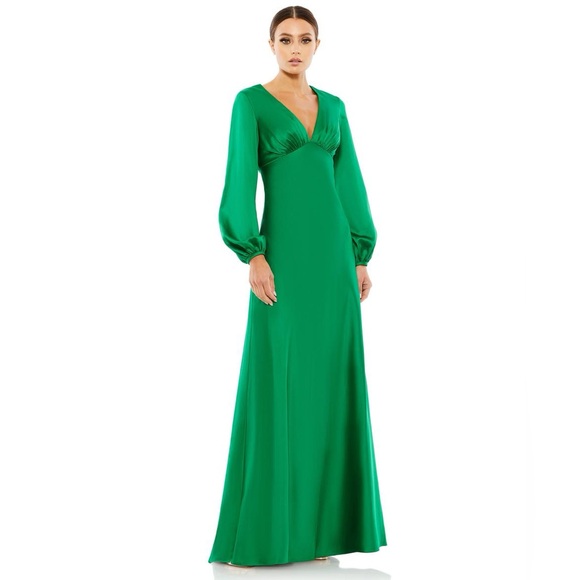 NWT Ieena for Mac Duggal Charmeuse Empire Waist Blouson Sleeve Gown in Emerald - Picture 1 of 7